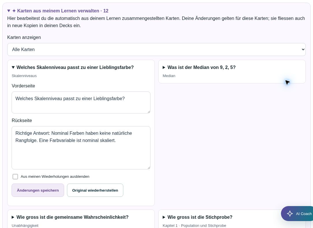 AI-Karteikarten bearbeiten und ausblenden in der Stunavi-Demo oder Gastansicht. Die nummerierten Stellen werden unter dem Bild erklärt.