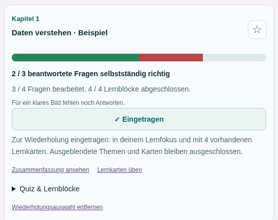 Ein Kapitel zur Wiederholung eintragen in der Stunavi-Demo oder Gastansicht. Die nummerierten Stellen werden unter dem Bild erklärt.