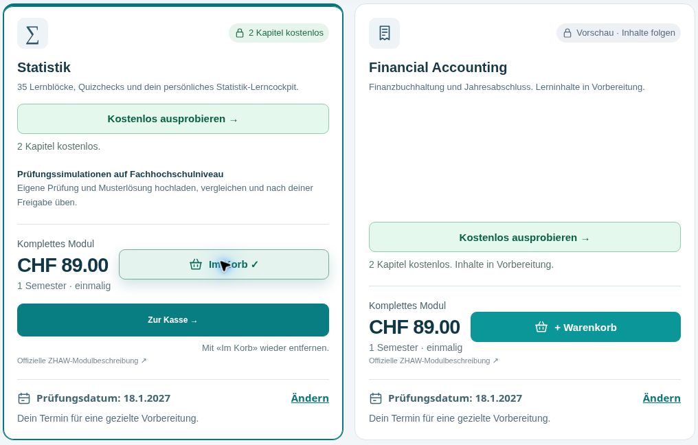 Modul auswählen und zur Kasse gehen in der Stunavi-Demo oder Gastansicht. Die nummerierten Stellen werden unter dem Bild erklärt.