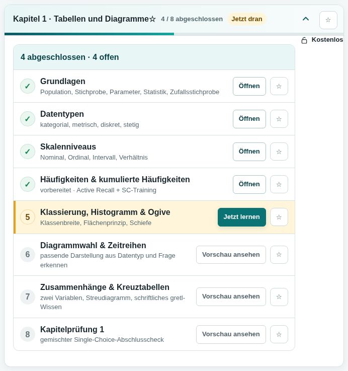 Kapitel und Lernblöcke direkt merken in der Stunavi-Demo oder Gastansicht. Die nummerierten Stellen werden unter dem Bild erklärt.
