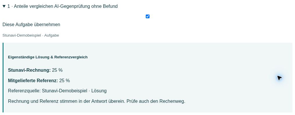 Eigene Rechnung mit der Referenz vergleichen in der Stunavi-Demo oder Gastansicht. Die nummerierten Stellen werden unter dem Bild erklärt.