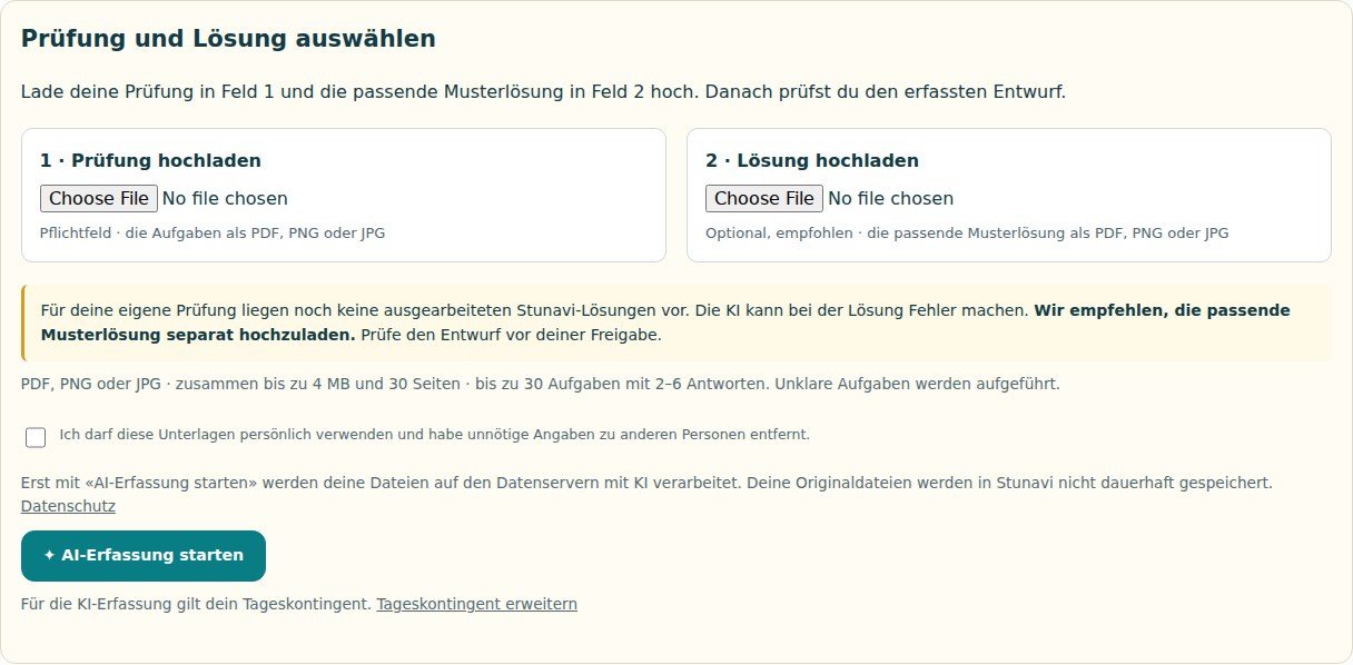 Prüfung und Lösung getrennt hochladen in einer isolierten Stunavi-Beispielansicht.