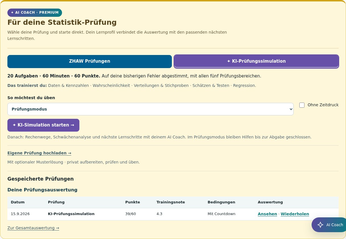 KI-Simulation und gespeicherte Auswertungen im AI Coach in einer isolierten Stunavi-Beispielansicht.