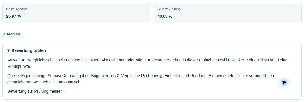 Antwort und Punktevergabe überprüfen in der Stunavi-Demo oder Gastansicht. Die nummerierten Stellen werden unter dem Bild erklärt.