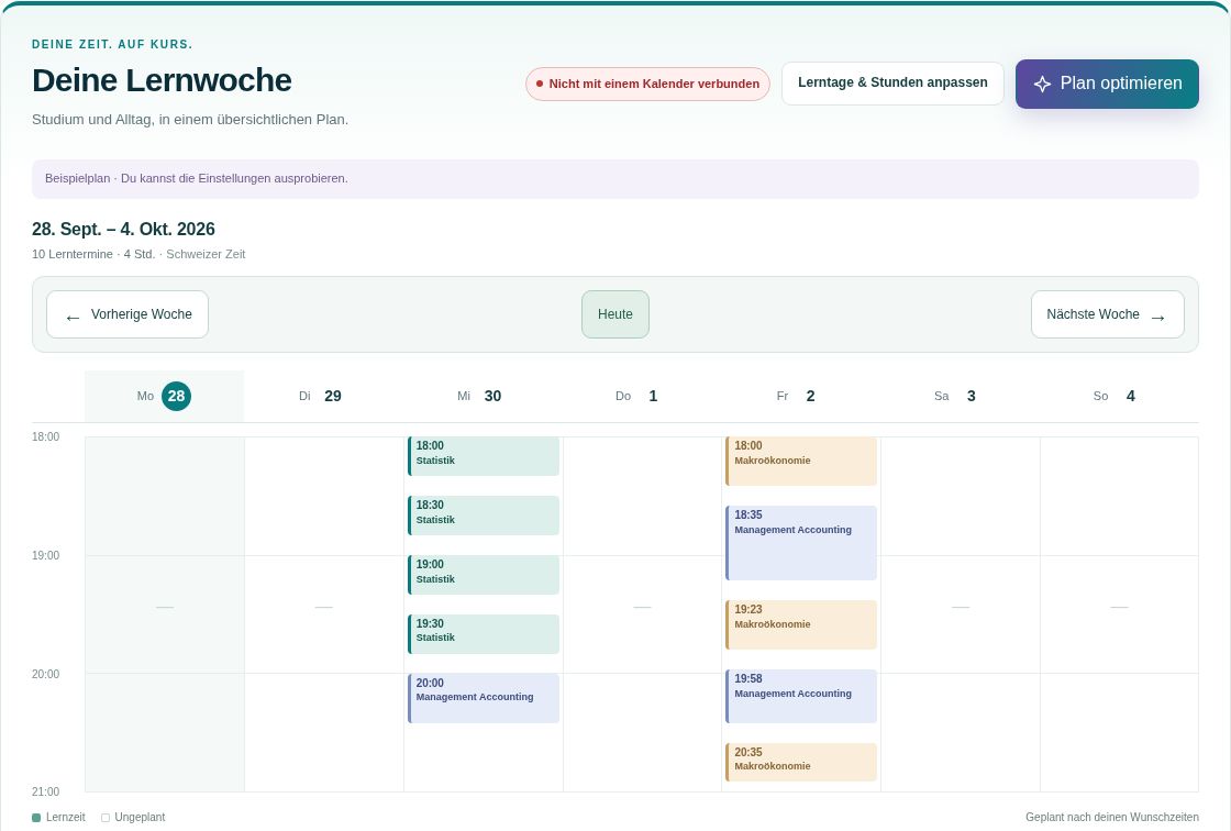 Beispiel einer Stunavi-Lernwoche: Statistik, Management Accounting und Makroökonomie in einem Wochenkalender.