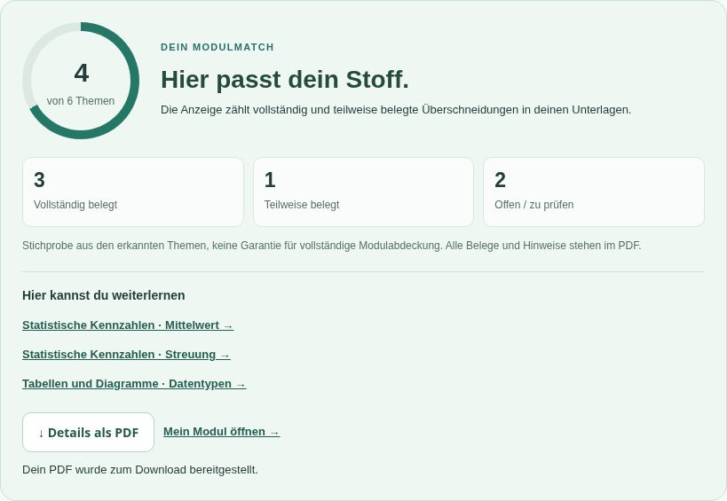 Modulmatch-Beispiel: vier von sechs Themen mit Überschneidungen, passende Lernblöcke und PDF-Download.
